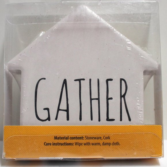 4 Pack of House Shaped Gather Decorative Coaster Set Made of Stoneware & Cork - Picture 2 of 7